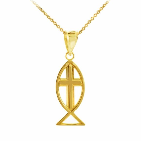 10k Solid Gold Jesus Cross Ichthus Fish Necklace